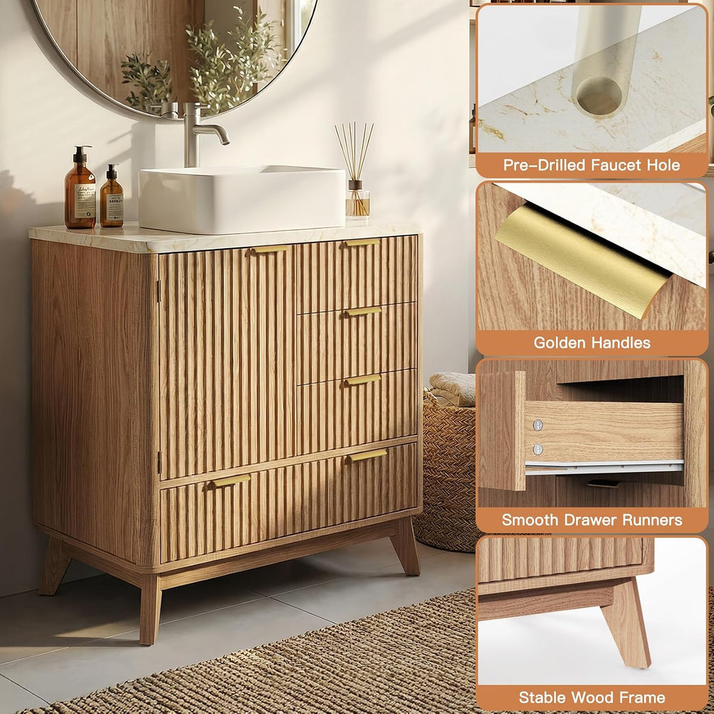 Concho 31'' Fluted Bathroom Vanity with Ceramic Sink Natural Oak
