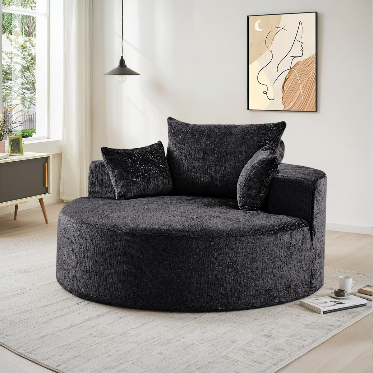 Oversized Round Chaise Longue Chair Indoor, Modern 55-inch Upholstered Corduroy Deep Seat Circle Single Cloud Lounge Floor Sofa Chair for Living Room, Bedroom Apartment, Beige