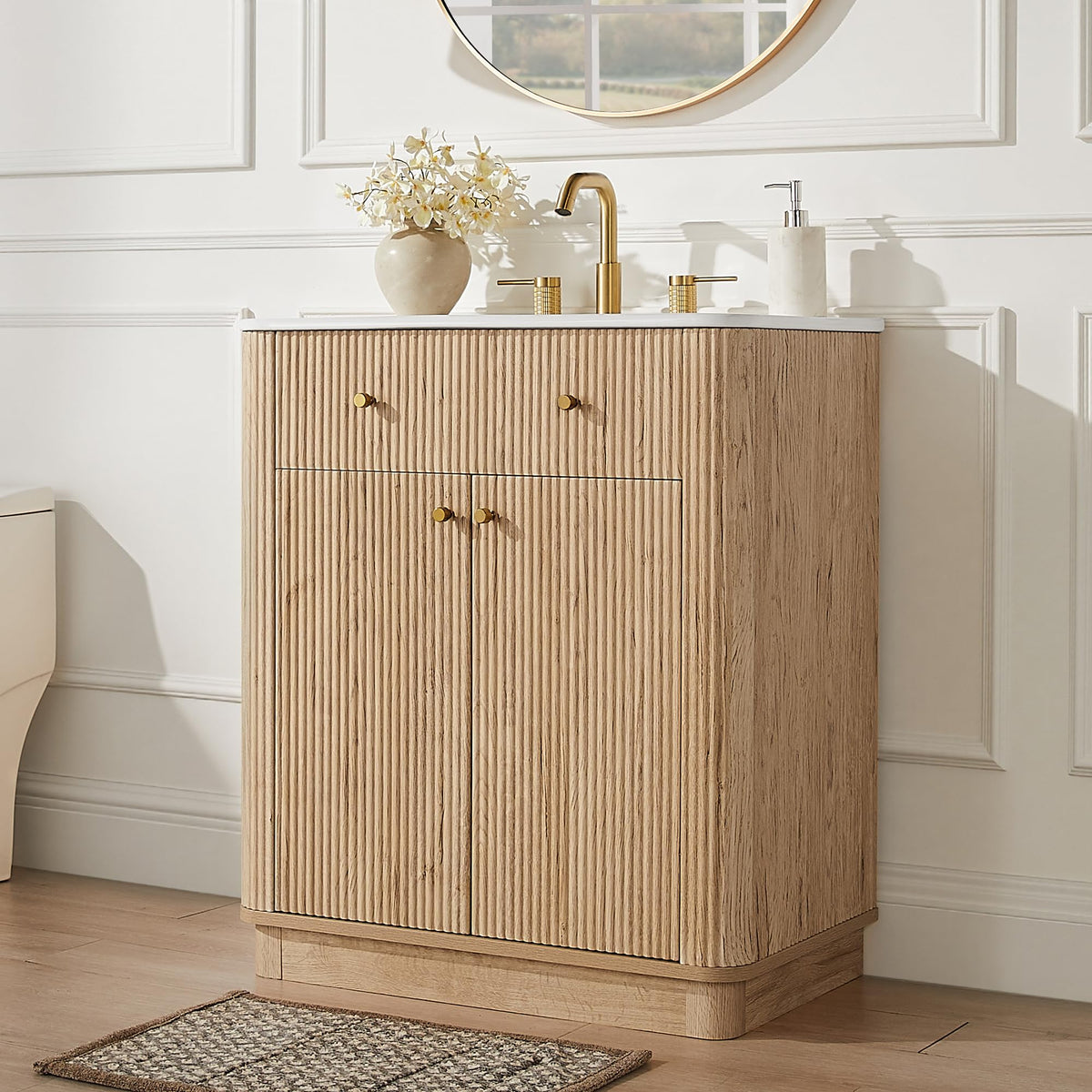 T4TREAM 36" Fluted Bathroom Vanity with Single Sink, Natural Oak