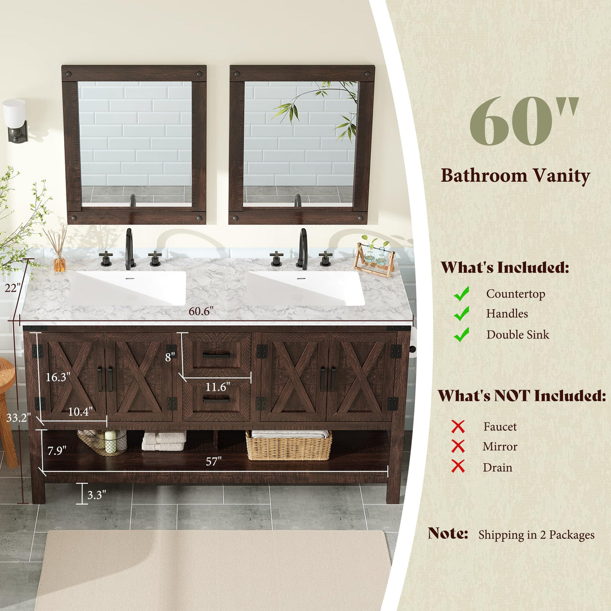 AMERLIFE 48" White Farmhouse Sink Bathroom Vanity, Solid White Top