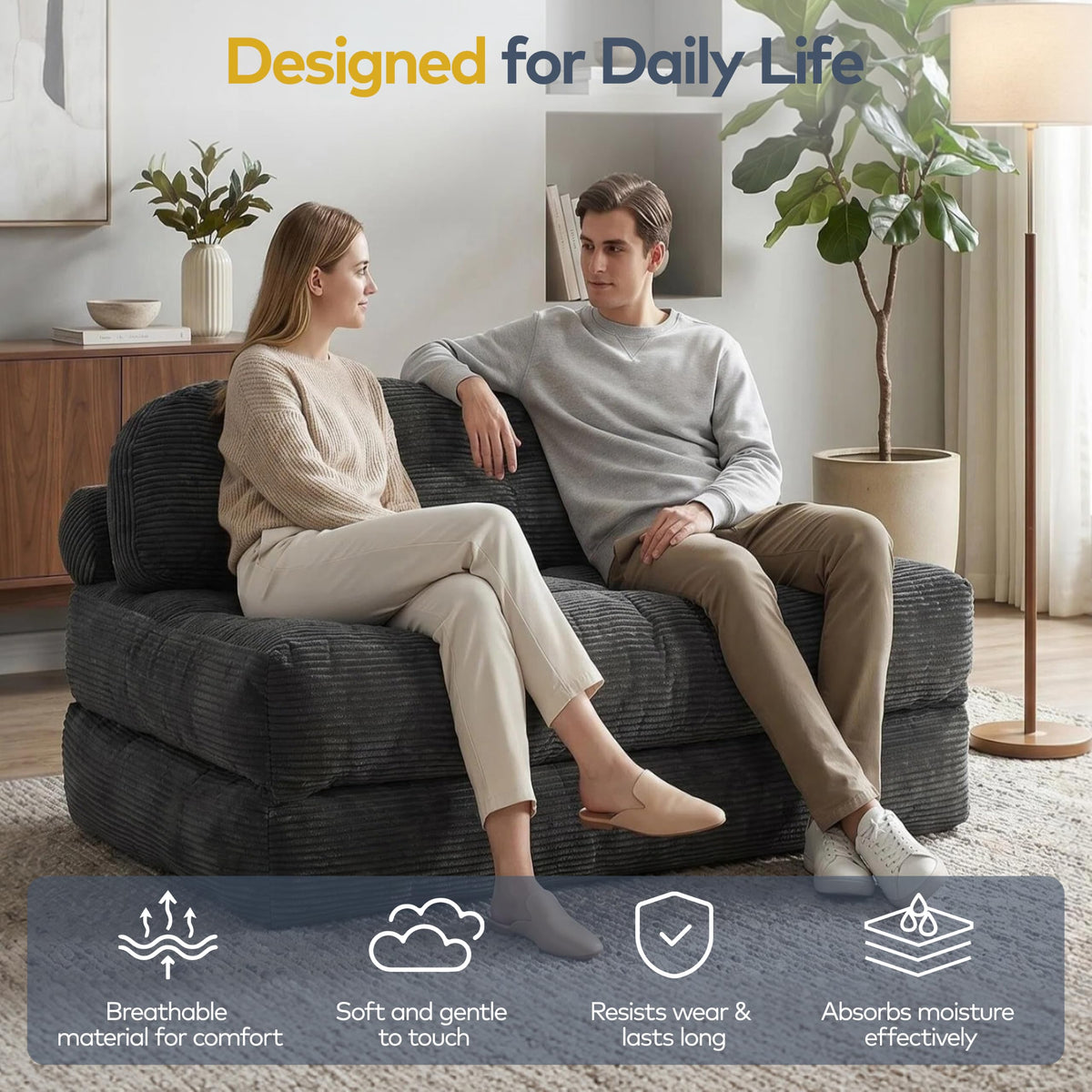 Convertible Corduroy Floor Sofa, 3-in-1 Folding Lazy Sofa Bed with Adjustable Backrest, Soft Bean Bag Chair Lounger for Living Room, Bedroom, Guest Room, Oversized Sleeper Chair