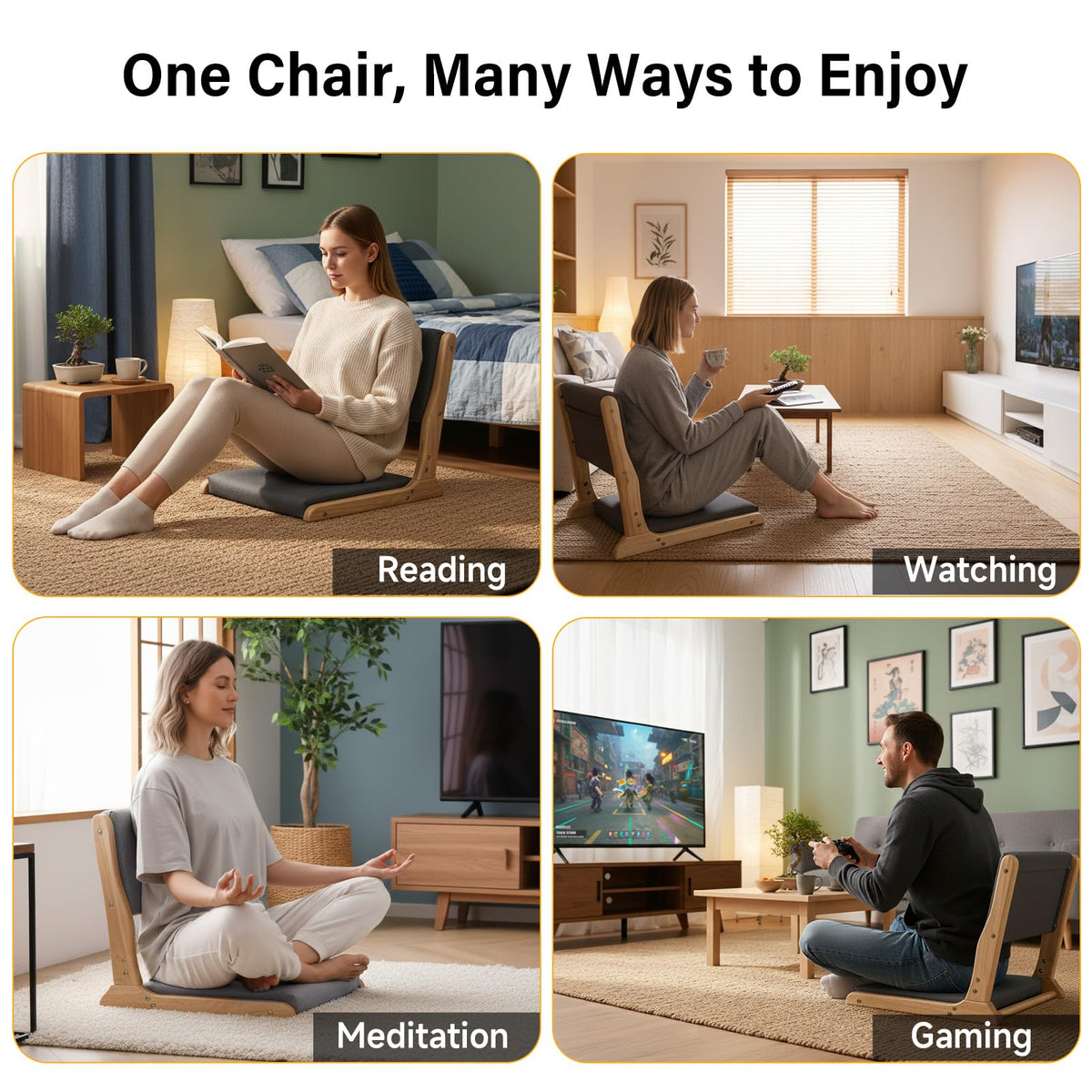 Tiita 2-Pack Foldable Meditation Floor Chairs with Back Support, Wood Grey