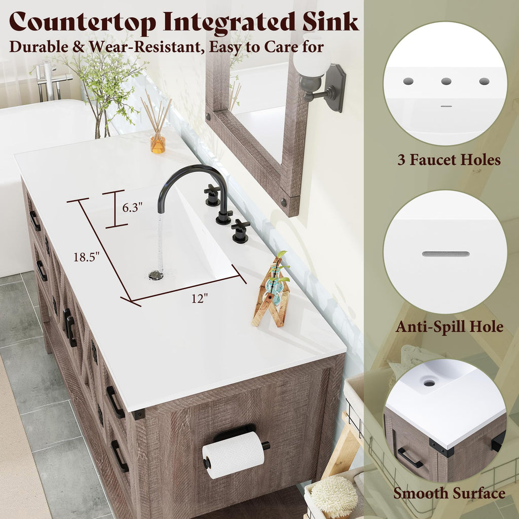 AMERLIFE 48" White Farmhouse Sink Bathroom Vanity, Solid White Top
