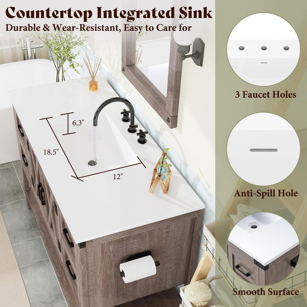 AMERLIFE 48" White Farmhouse Sink Bathroom Vanity, Solid White Top