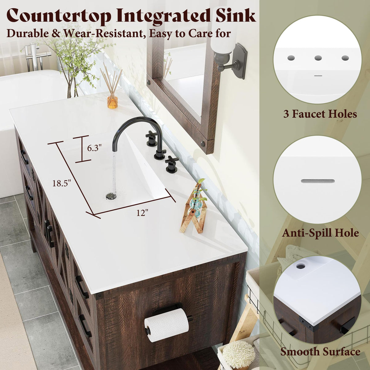 AMERLIFE 48" White Farmhouse Sink Bathroom Vanity, Solid White Top