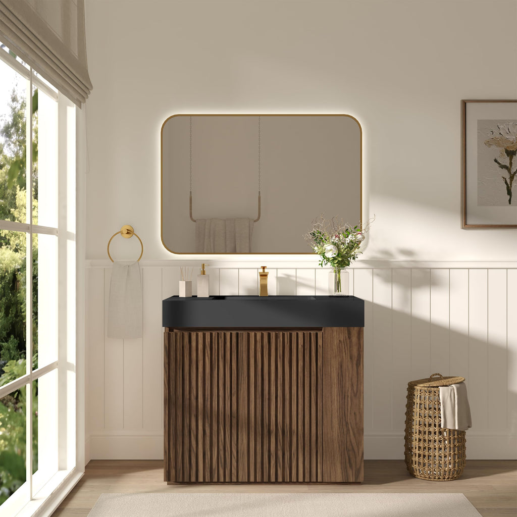 36â Modern Bathroom Vanity with Black Sink, Smoked Brown