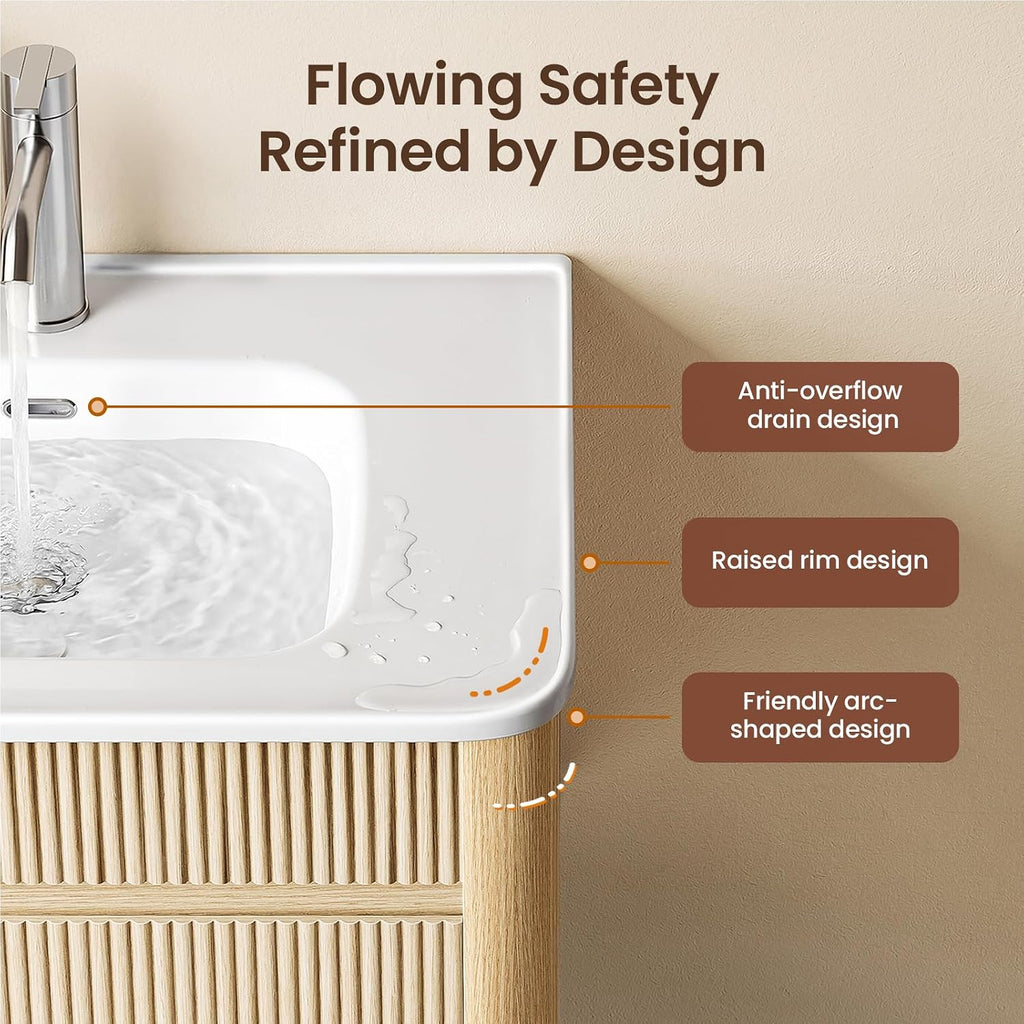 ModernMate 30 Inch Floating Bathroom Vanity with Ceramic Sink Combo, Solid Wood Curved Frame, Fluted Modern Wall Mounted Single Cabinet, Smart Storage, Soft-Close Drawer, Easy Assembly, Oak