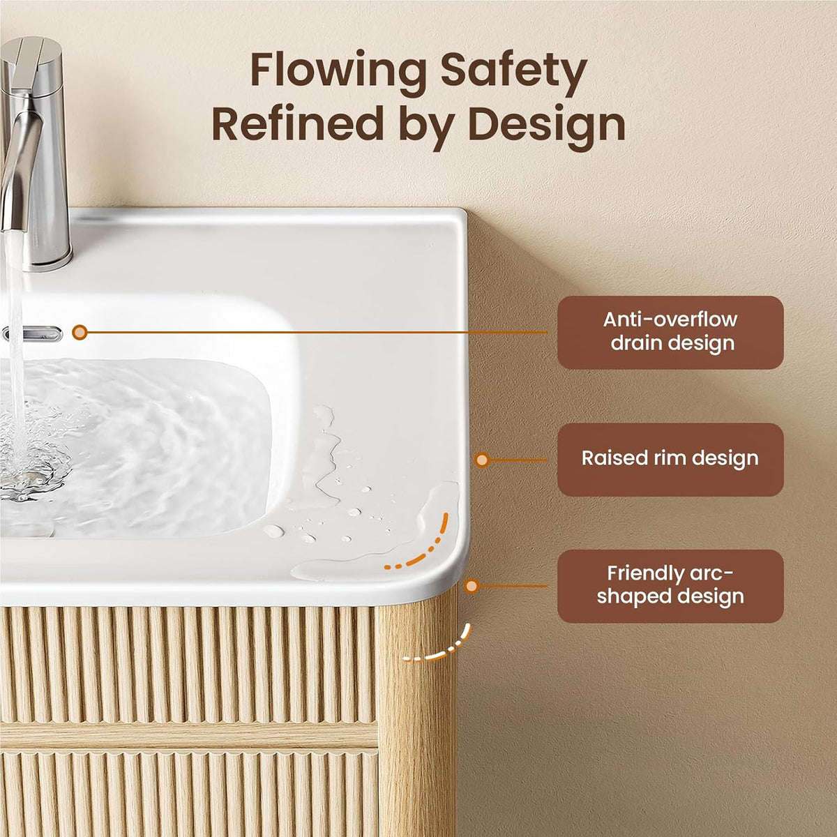 ModernMate 30 Inch Floating Bathroom Vanity with Ceramic Sink Combo, Solid Wood Curved Frame, Fluted Modern Wall Mounted Single Cabinet, Smart Storage, Soft-Close Drawer, Easy Assembly, Oak