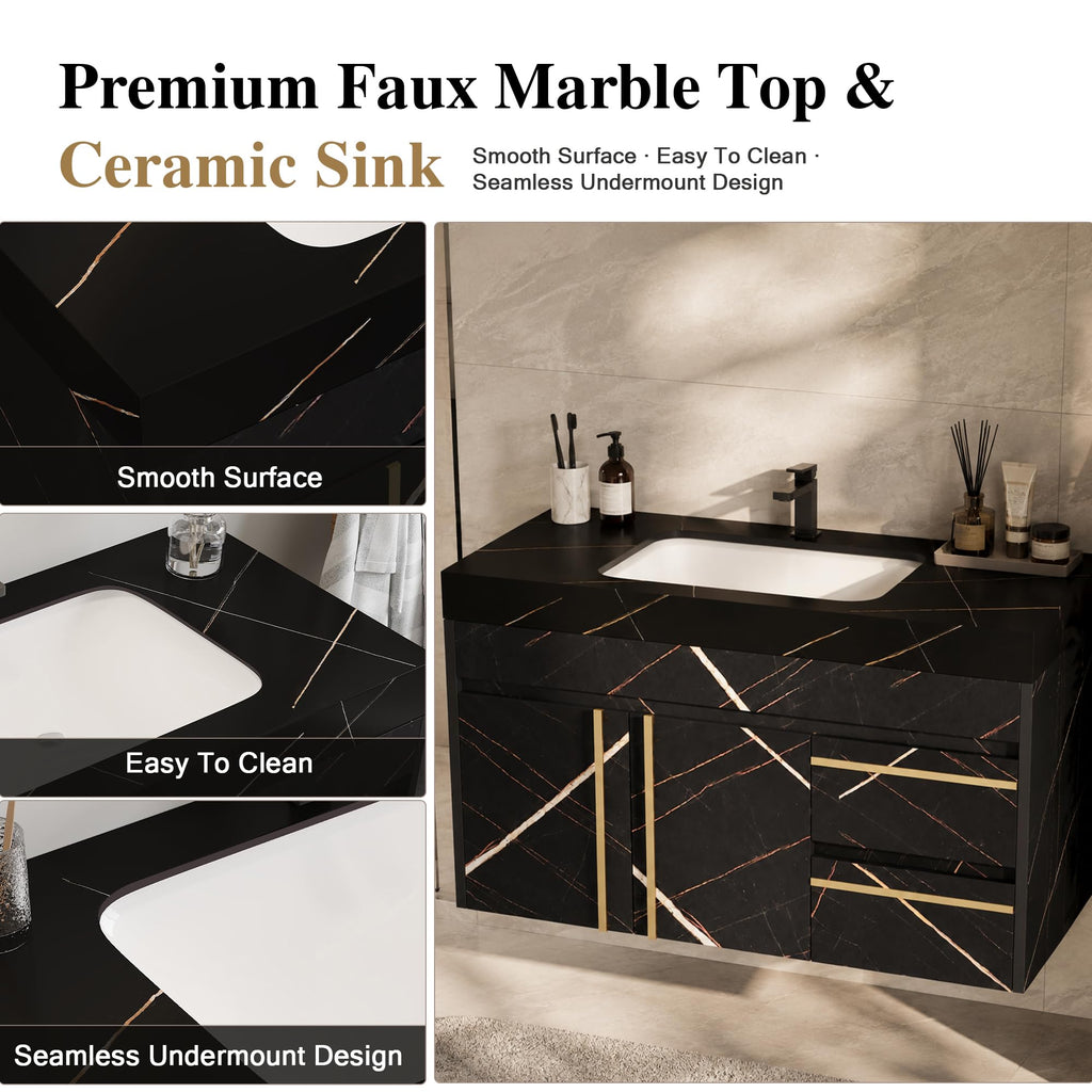 36 Inch Bathroom Vanity with Sink, Black Floating Wall Mounted Vanity