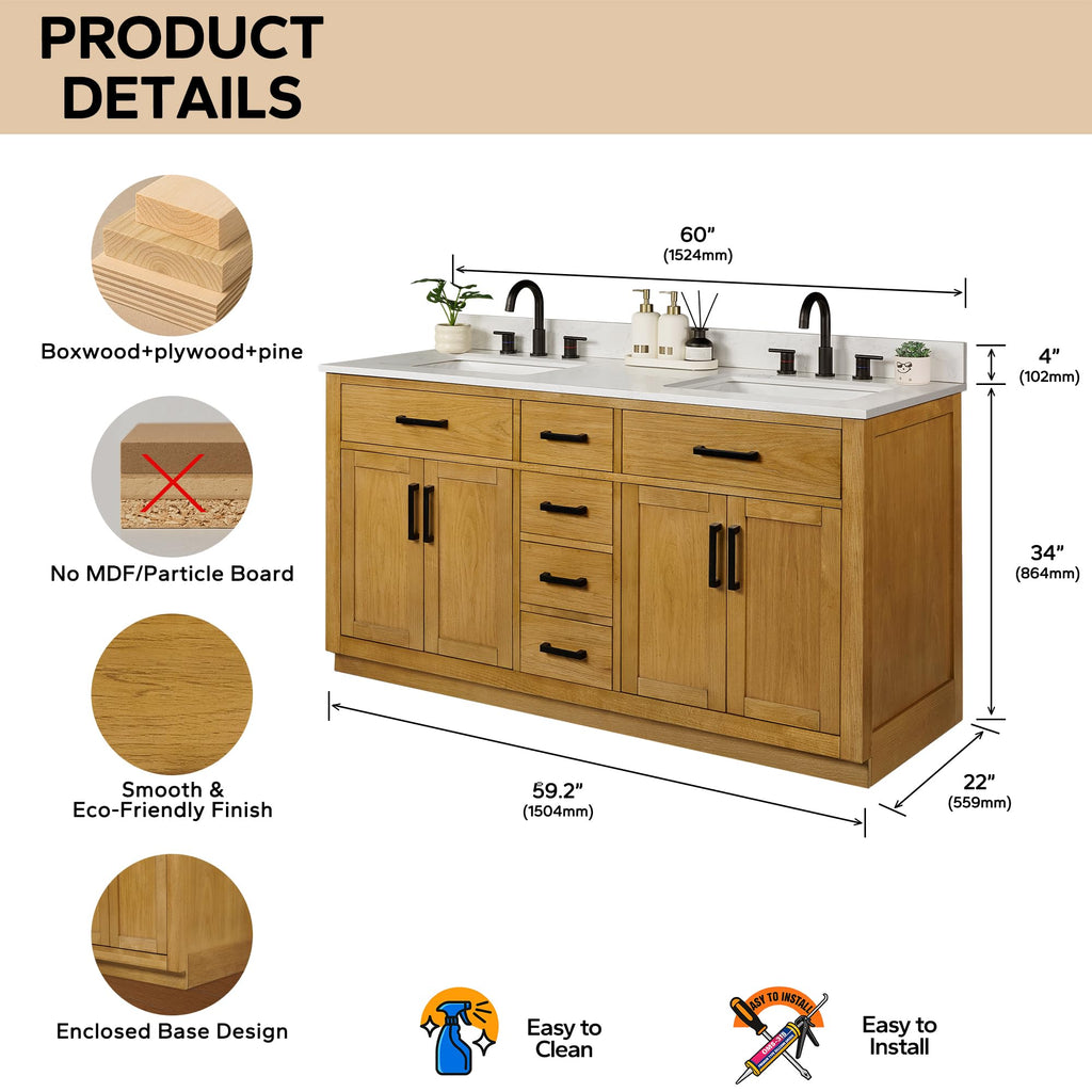 48-inch Dark Walnut Bathroom Vanity with Sink, Solid Wood, 0.79-inch Stone Countertop and Backsplash, 9 Drawers, 2 Soft Closing Doors