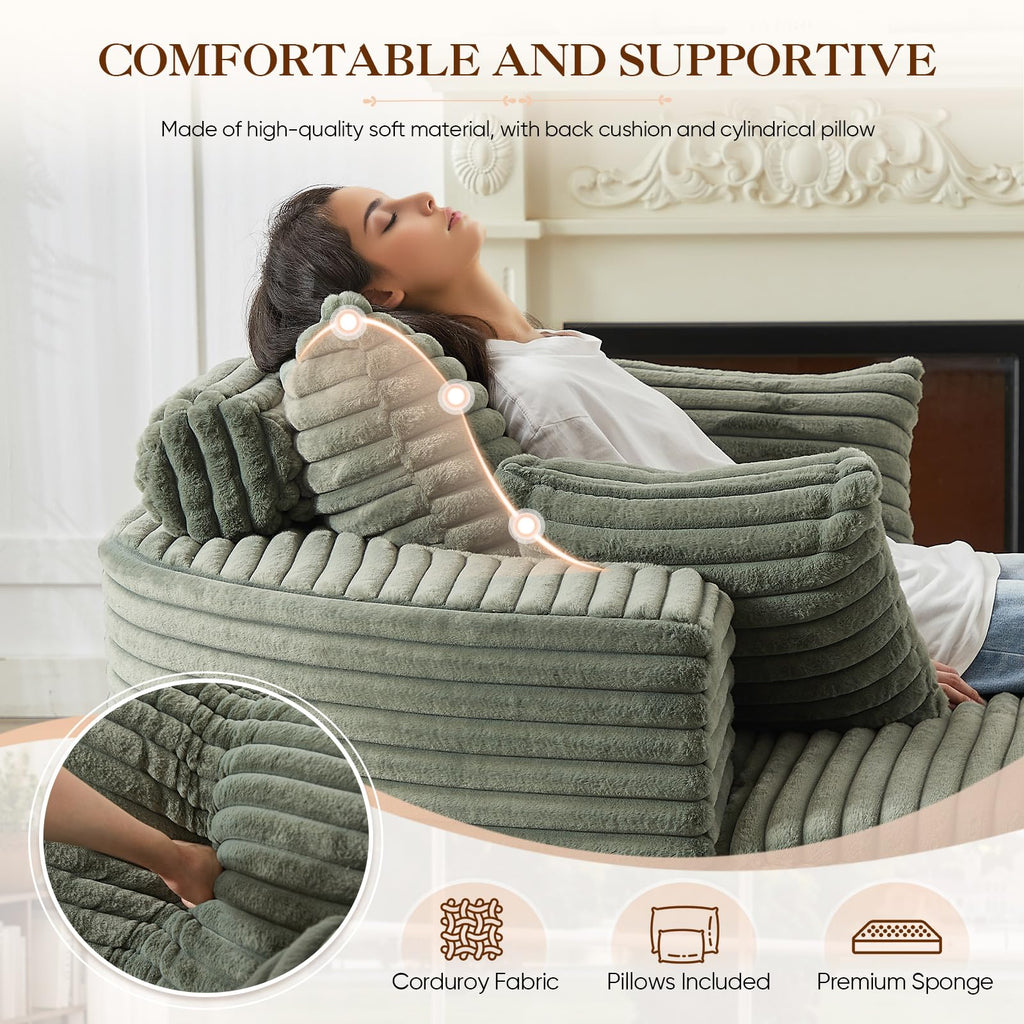 Oversized Round Chaise Longue Chair Indoor, Modern 55-inch Upholstered Corduroy Deep Seat Circle Single Cloud Lounge Floor Sofa Chair for Living Room, Bedroom Apartment, Beige