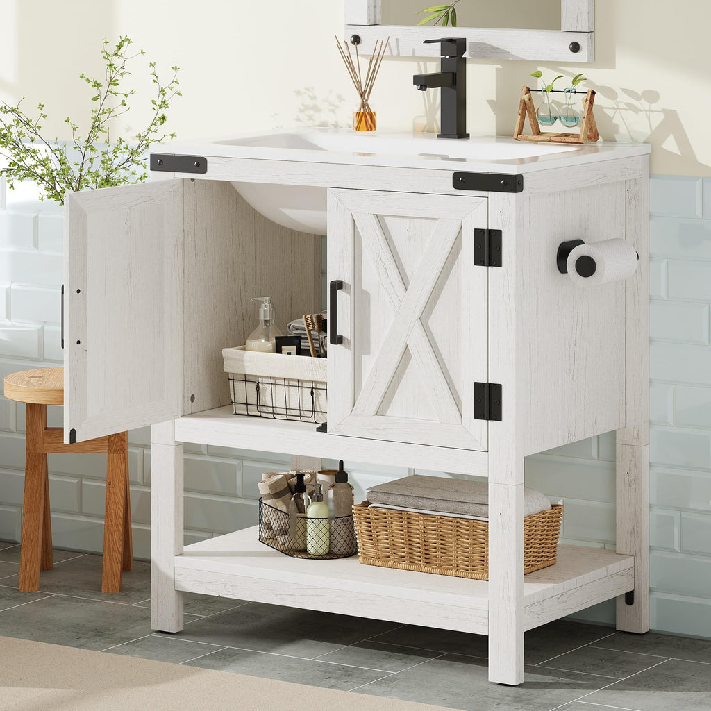 AMERLIFE 48" White Farmhouse Sink Bathroom Vanity, Solid White Top