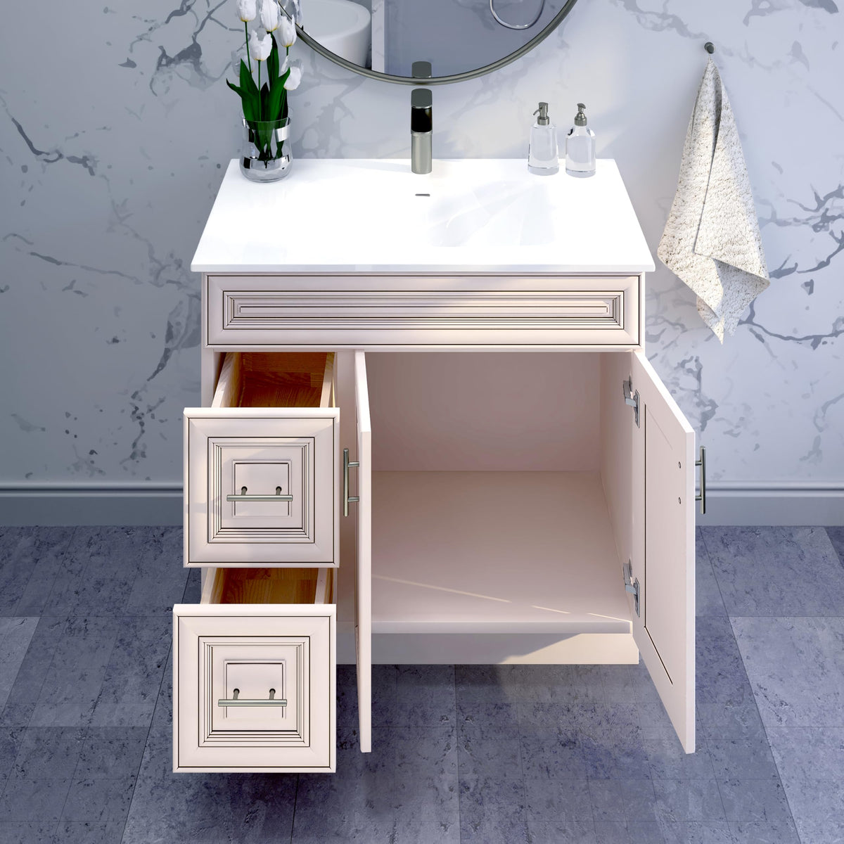 36" Maple Walnut Bathroom Vanity Base â Ready-to-Assemble Sink Cabinet with Drawers, Shaker Style Storage, Base Only, No Top or Sink