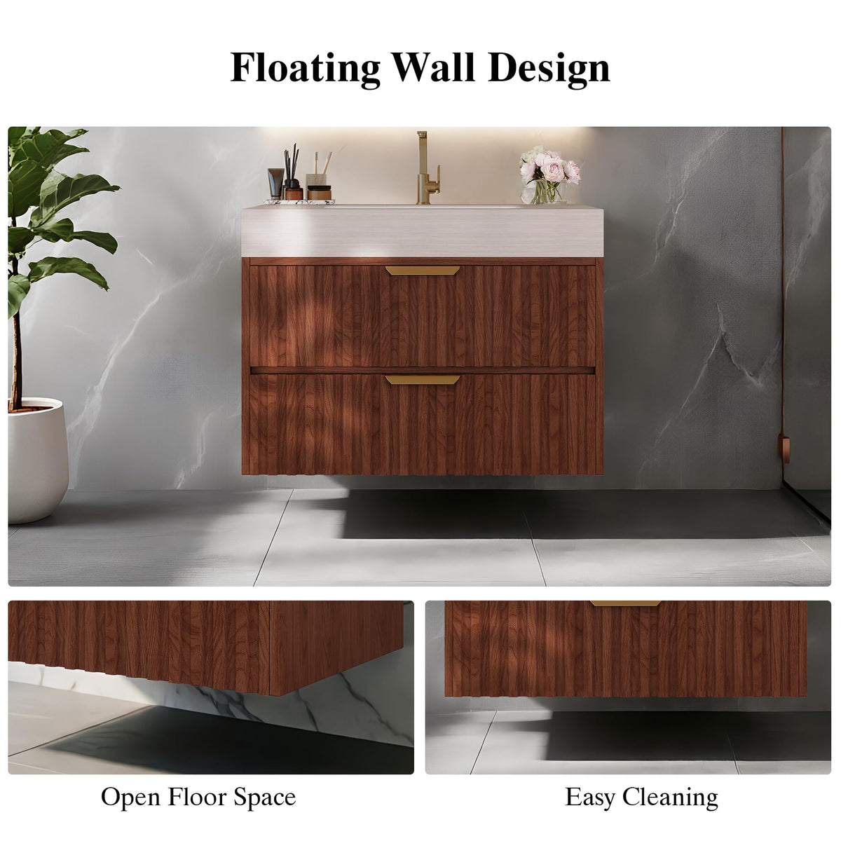 36 Inch Bathroom Vanity with Sink, Black Floating Wall Mounted Vanity