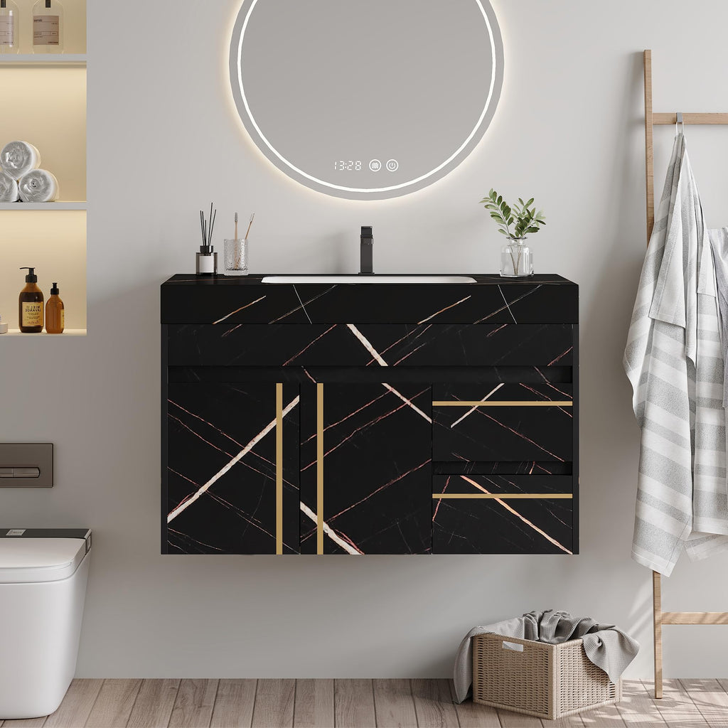 Glintee 40" Floating Bathroom Vanity & Sintered Stone Top, Black