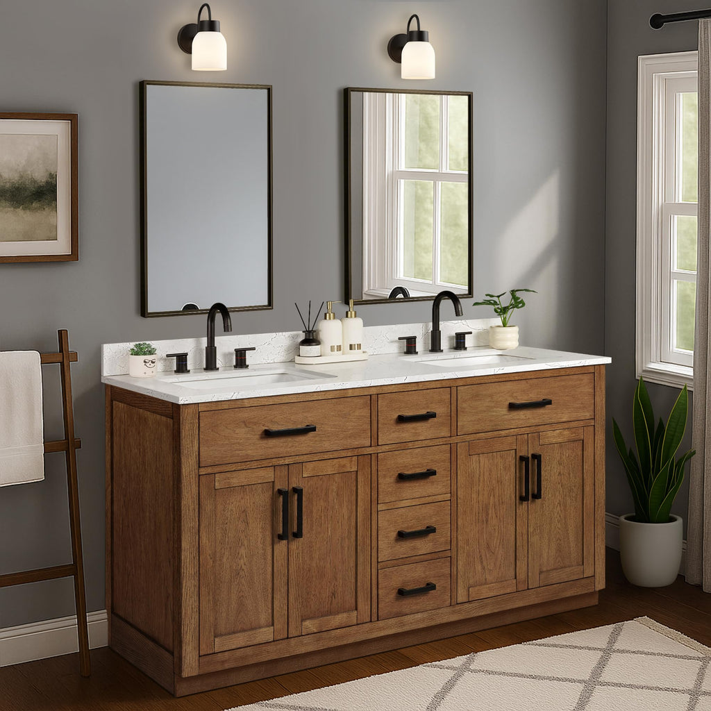 48-inch Dark Walnut Bathroom Vanity with Sink, Solid Wood, 0.79-inch Stone Countertop and Backsplash, 9 Drawers, 2 Soft Closing Doors