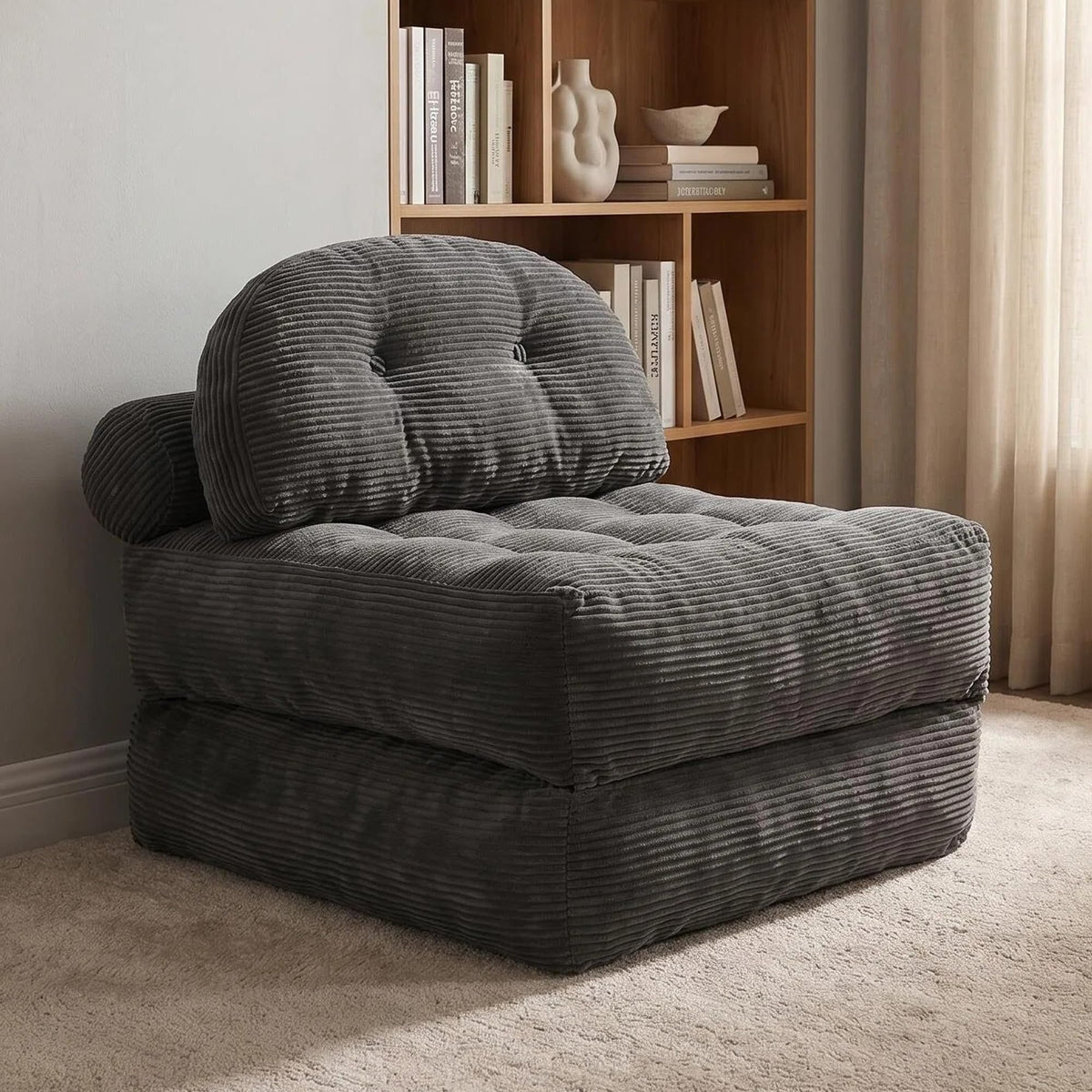Convertible Corduroy Floor Sofa, 3-in-1 Folding Lazy Sofa Bed with Adjustable Backrest, Soft Bean Bag Chair Lounger for Living Room, Bedroom, Guest Room, Oversized Sleeper Chair