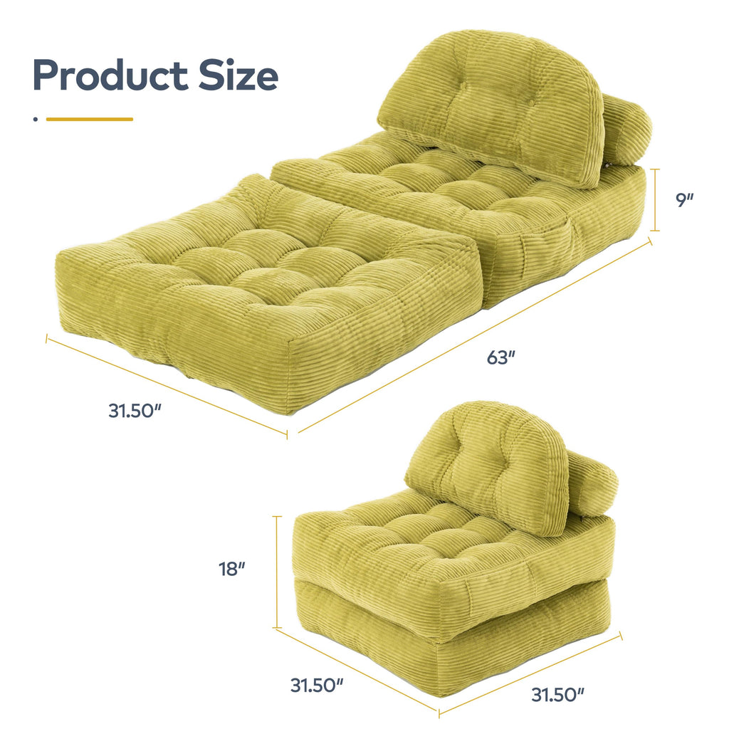 Convertible Corduroy Floor Sofa, 3-in-1 Folding Lazy Sofa Bed with Adjustable Backrest, Soft Bean Bag Chair Lounger for Living Room, Bedroom, Guest Room, Oversized Sleeper Chair