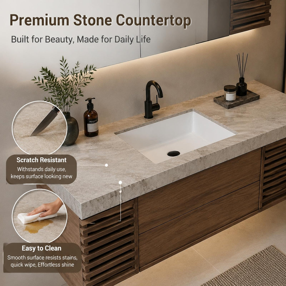 68 IN Floating Single Sink Bathroom Vanity Set with LED Mirror Cabinet