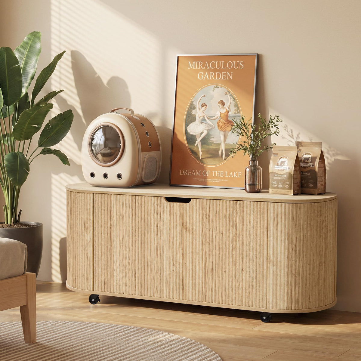 RARZOE 43.3" Fluted Storage Chest, Oval Storage Bench with 4 Wheels,(Green)