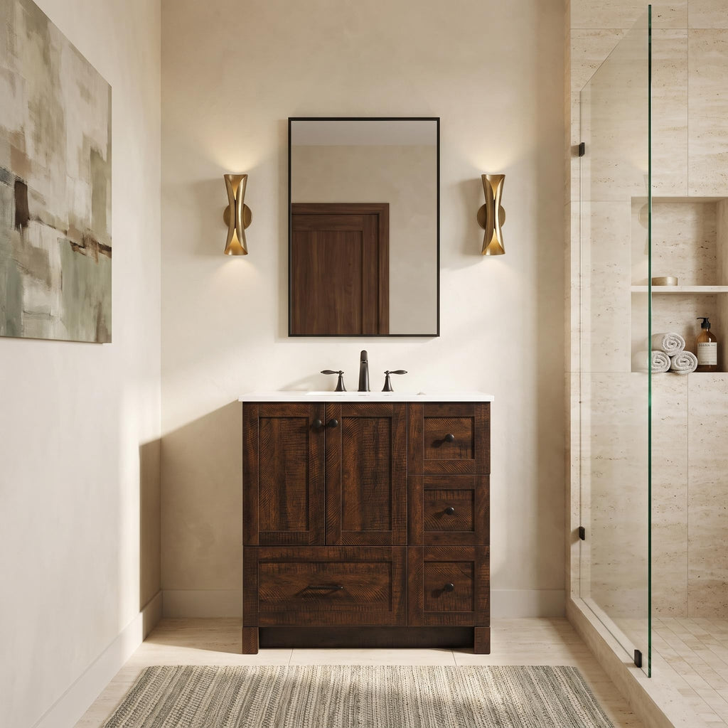 18" Pre-Assembled Bathroom Vanity with Sink, Engineered Wood, Ivory White Engineered Marble Countertop Included, Single Oval Porcelain Sink, 1 Soft-Close Drawers, Expresso