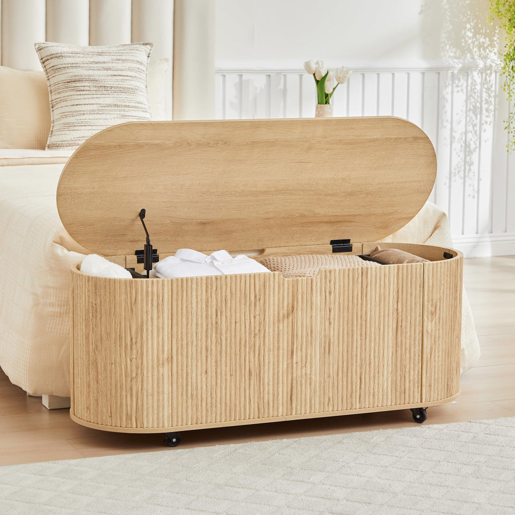 RARZOE 43.3" Fluted Storage Chest, Oval Storage Bench with 4 Wheels,(Green)