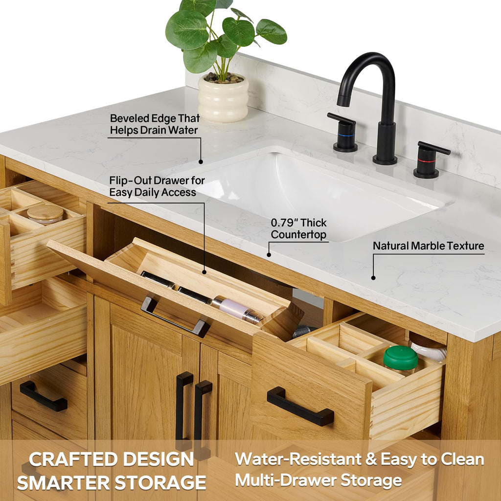 48-inch Dark Walnut Bathroom Vanity with Sink, Solid Wood, 0.79-inch Stone Countertop and Backsplash, 9 Drawers, 2 Soft Closing Doors
