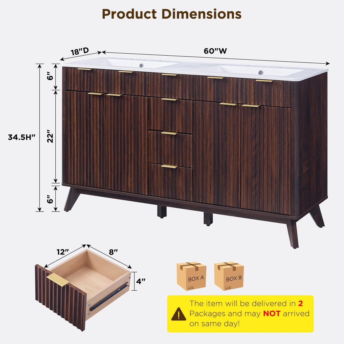 T4TREAM 60" Fluted Bathroom Vanity with Resin Sink Combo, Natural Oak