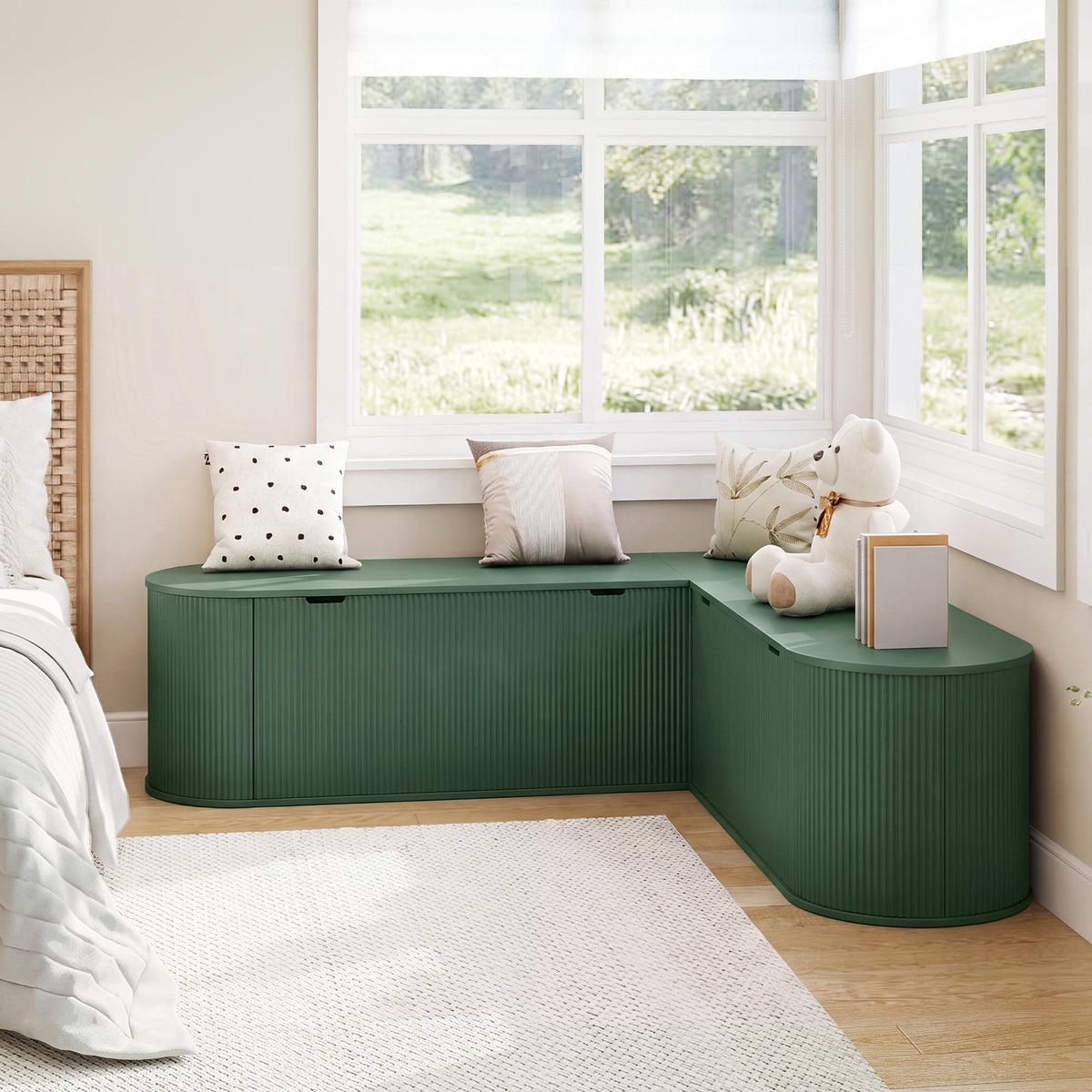 RARZOE 43.3" Fluted Storage Chest, Oval Storage Bench with 4 Wheels,(Green)