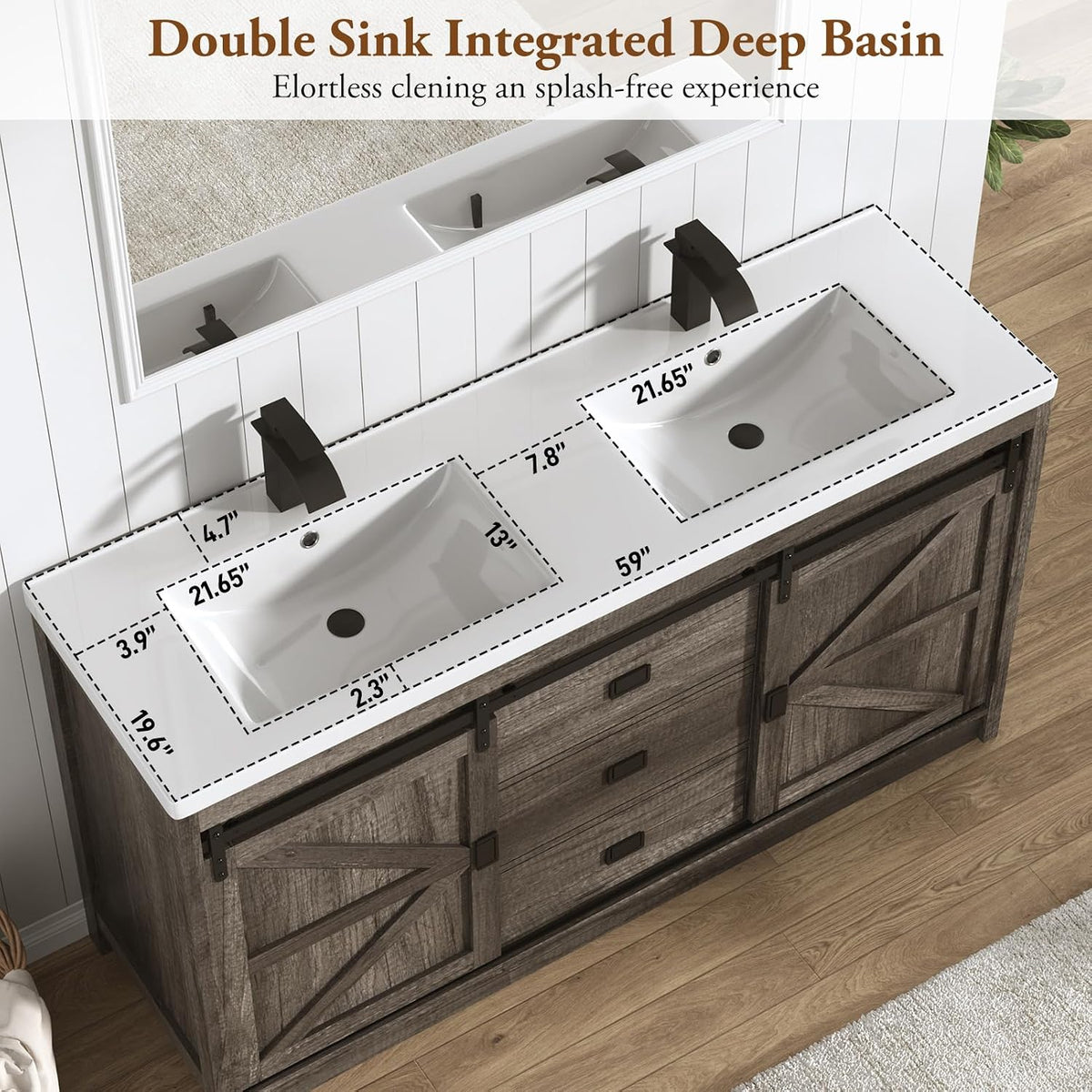 Double Bathroom Vanity with Sink & Faucet & Sewer Pipes,59" Farmhouse Bathroom Vanity Cabinet Set with 3 Storage Drawers & Sliding Barn Door,Double Sink Vanities With Metal Handle(Rustic Grey)