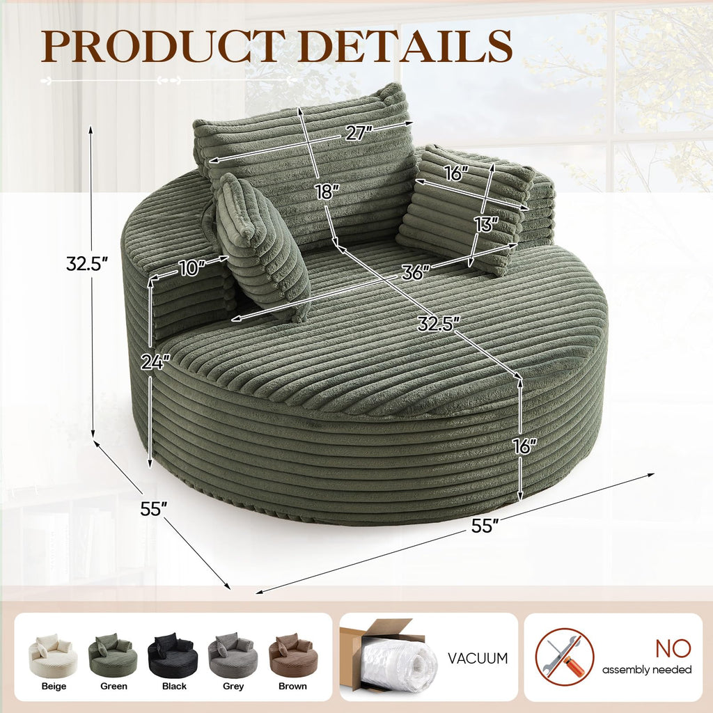 Oversized Round Chaise Longue Chair Indoor, Modern 55-inch Upholstered Corduroy Deep Seat Circle Single Cloud Lounge Floor Sofa Chair for Living Room, Bedroom Apartment, Beige