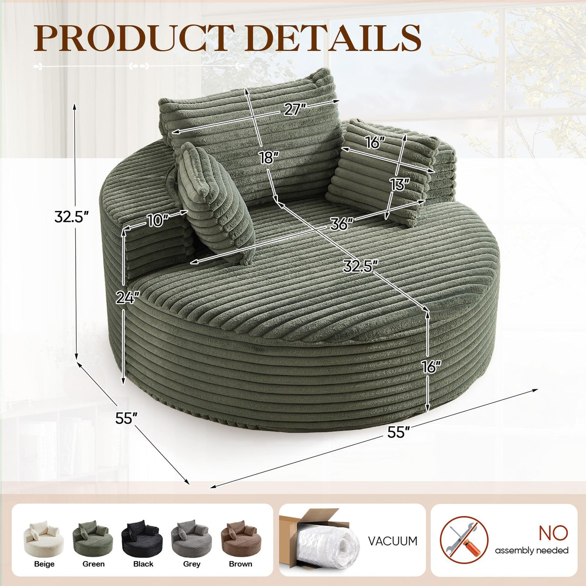 Oversized Round Chaise Longue Chair Indoor, Modern 55-inch Upholstered Corduroy Deep Seat Circle Single Cloud Lounge Floor Sofa Chair for Living Room, Bedroom Apartment, Beige