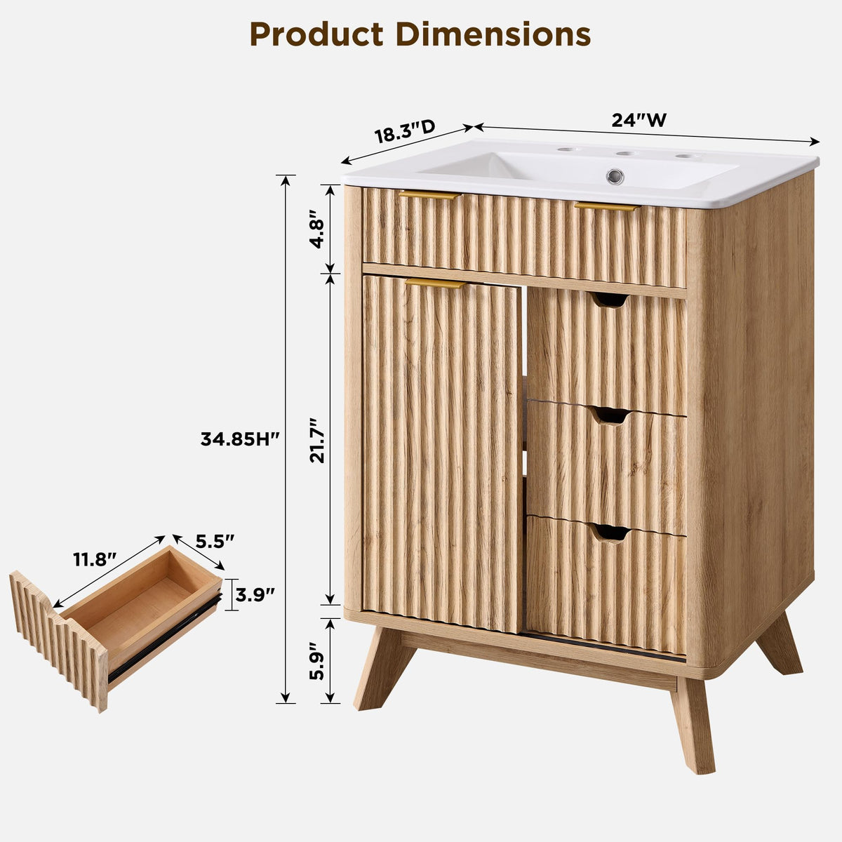 T4TREAM 60" Fluted Bathroom Vanity with Resin Sink Combo, Natural Oak