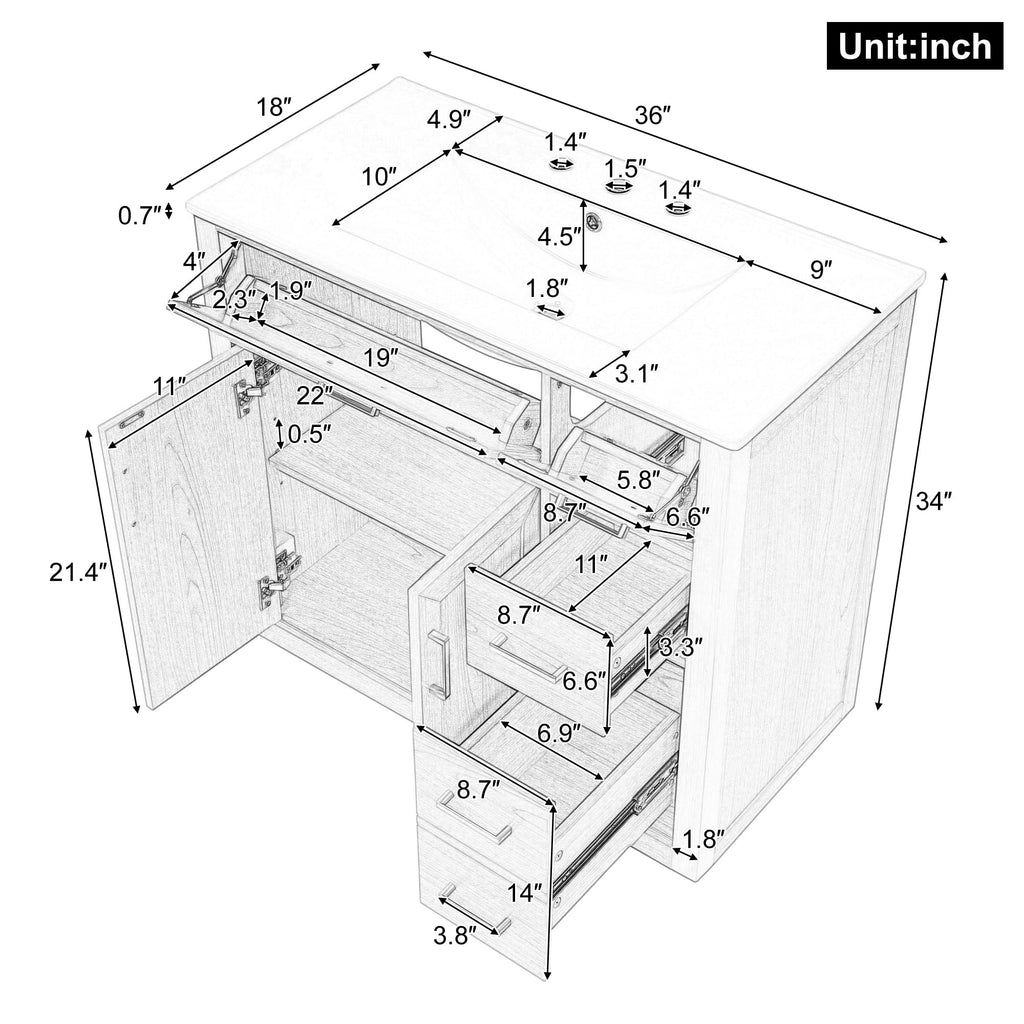 36 Inch Bathroom Vanities with Undermount Ceramic Sink, Storage Cabinet with Soft Closing Doors and Three Drawers, Solid Wood Frame, Natural Wood