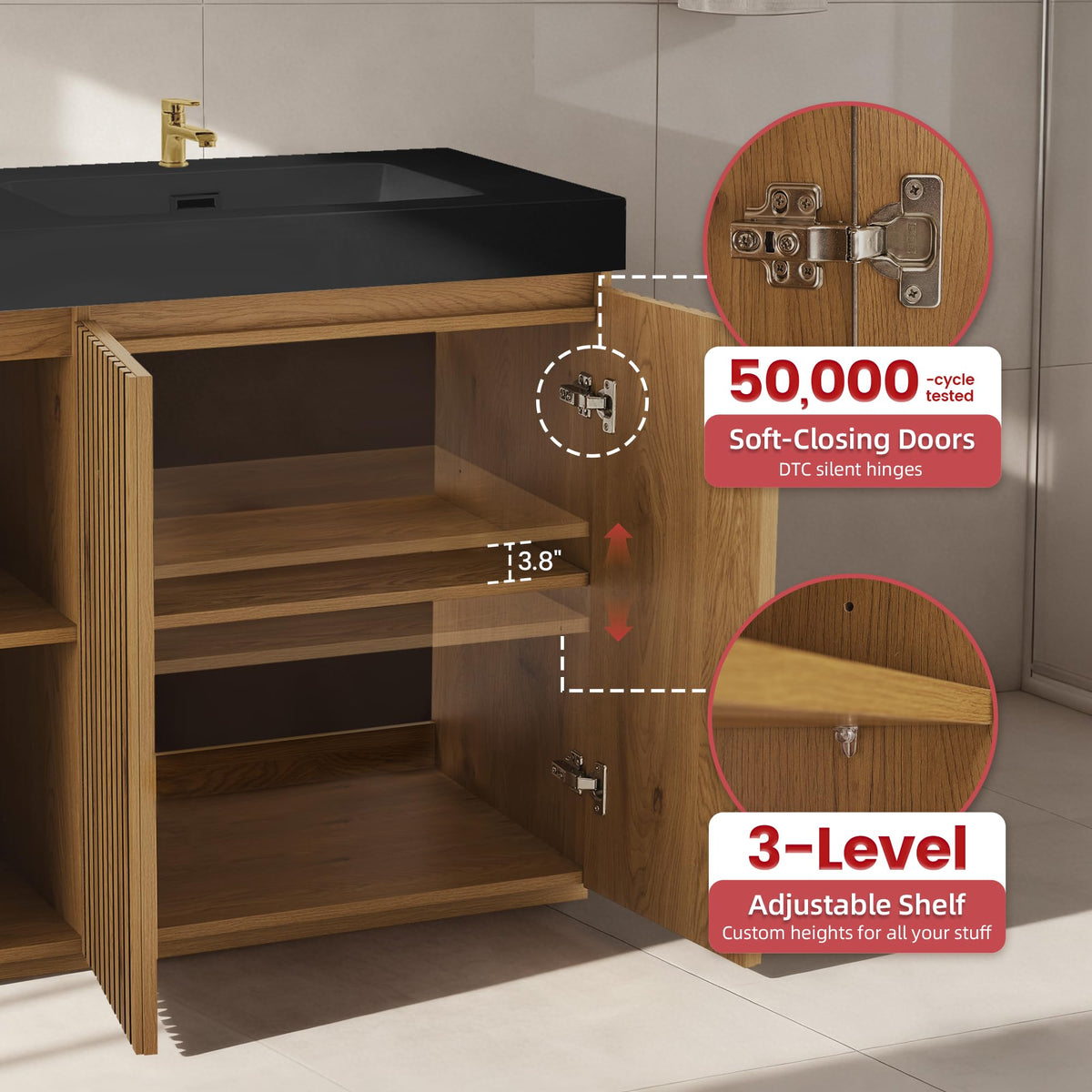 36â Modern Bathroom Vanity with Black Sink, Smoked Brown