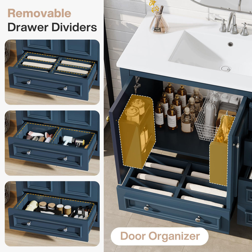 Tribesigns 30" Bathroom Vanity with Sink, Freestanding Bathroom Vanities Cabinet with Ceramic Basin Combo, Bathroom Sink Cabinet with 2 Doors and 1 Drawer, Solid Wooden Frame (Navy Blue, 30 INCH)