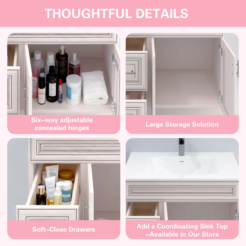 36" Maple Walnut Bathroom Vanity Base â Ready-to-Assemble Sink Cabinet with Drawers, Shaker Style Storage, Base Only, No Top or Sink