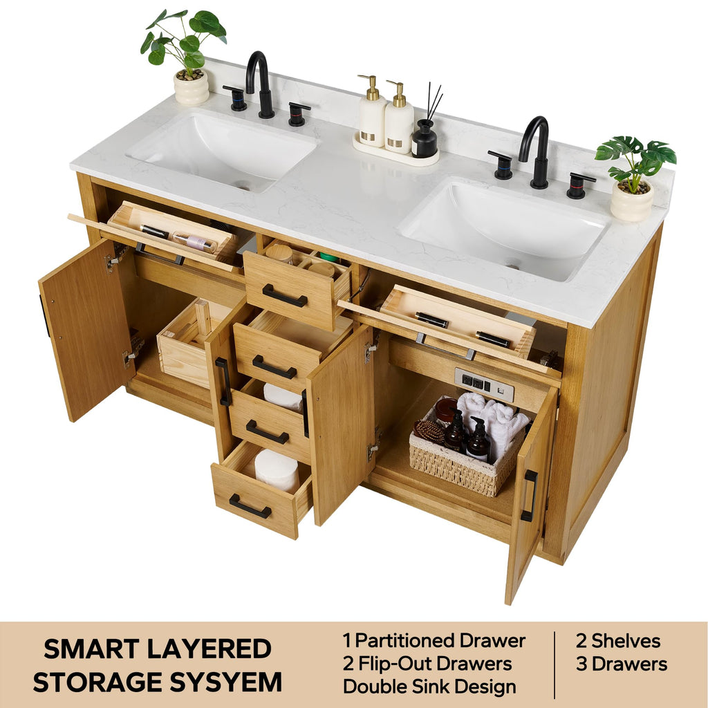 48-inch Dark Walnut Bathroom Vanity with Sink, Solid Wood, 0.79-inch Stone Countertop and Backsplash, 9 Drawers, 2 Soft Closing Doors