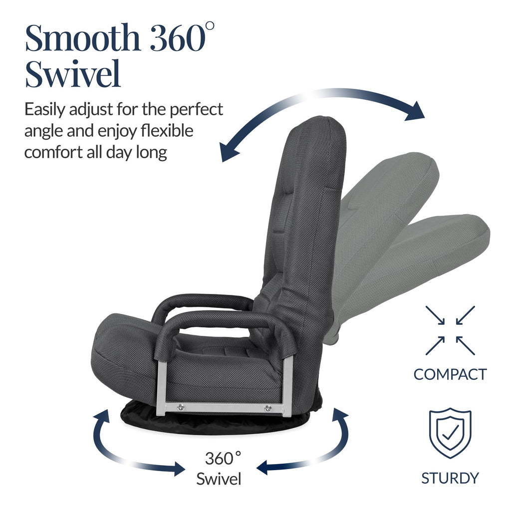 Best Choice Products Swivel Gaming Chair 360 Degree Multipurpose Floor Chair Rocker for TV, Reading, Playing Video Games w/Lumbar Support, Armrest Handles, Adjustable Foldable Backrest - Black/Black