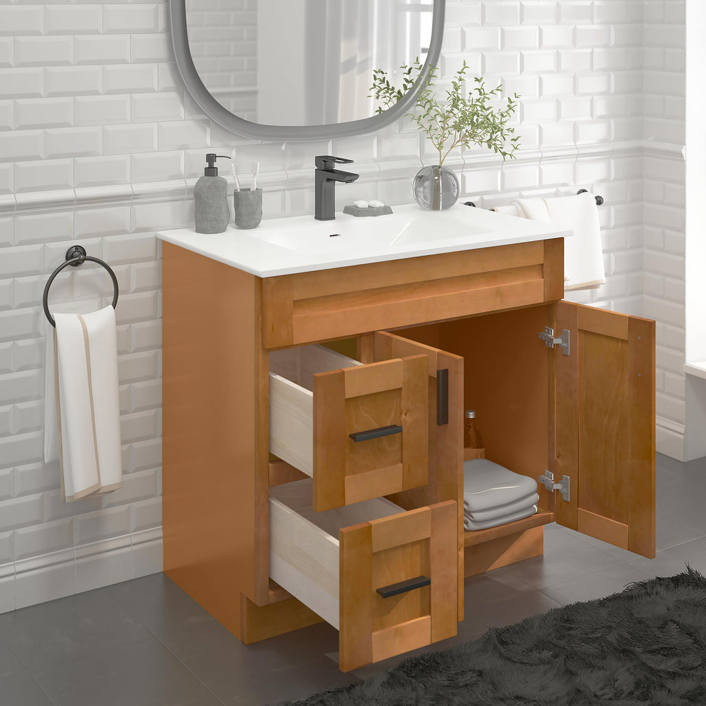36" Maple Walnut Bathroom Vanity Base â Ready-to-Assemble Sink Cabinet with Drawers, Shaker Style Storage, Base Only, No Top or Sink