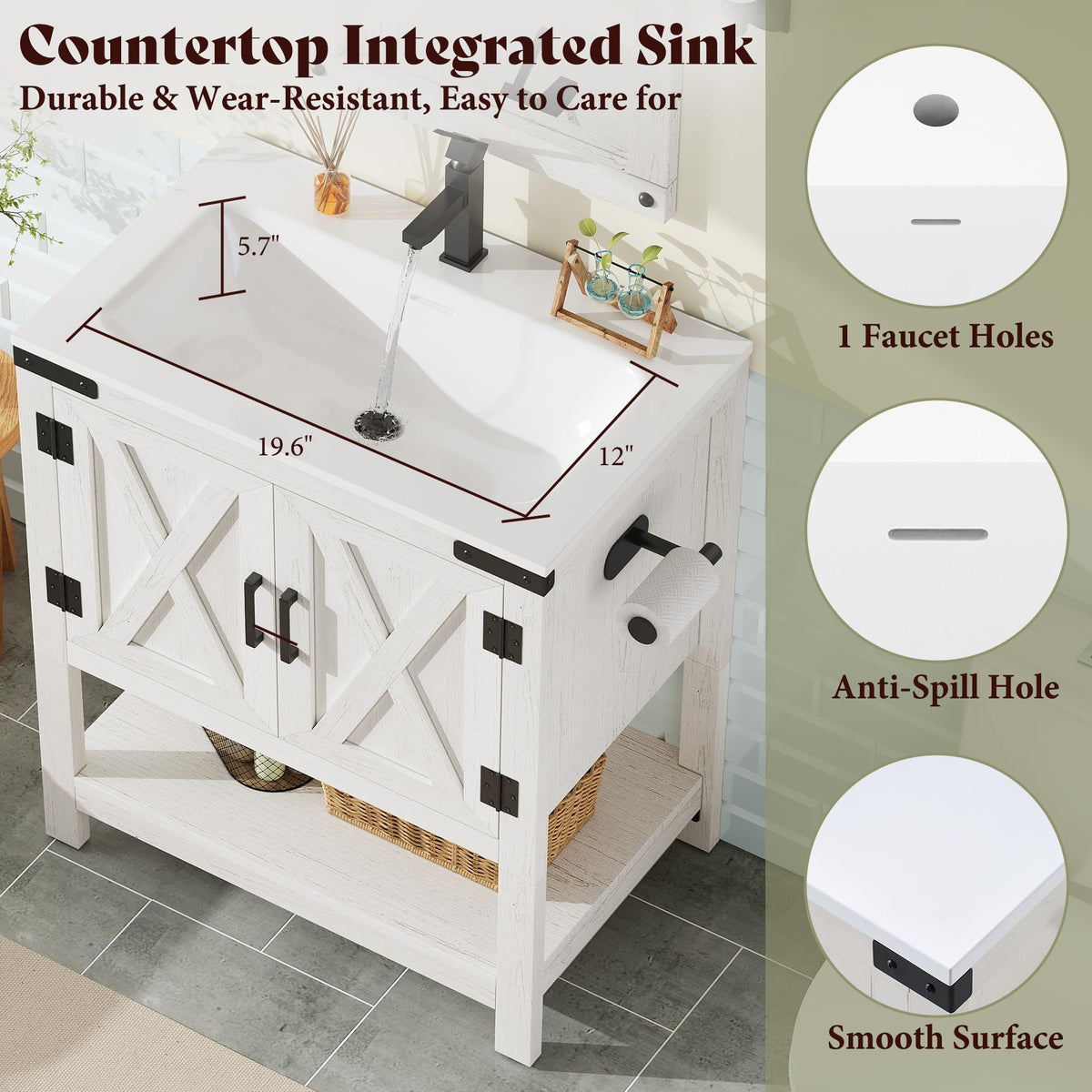 AMERLIFE 48" White Farmhouse Sink Bathroom Vanity, Solid White Top