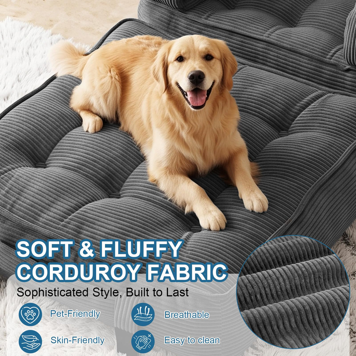 Folding Sofa Bed, Convertible Sleeper Chair with Armrests, Corduroy Foldable Boneless Bed, 3-in-1 Portable Futon Couch Floor Sofa with Pillow for Bedroom, Living Room, Orange