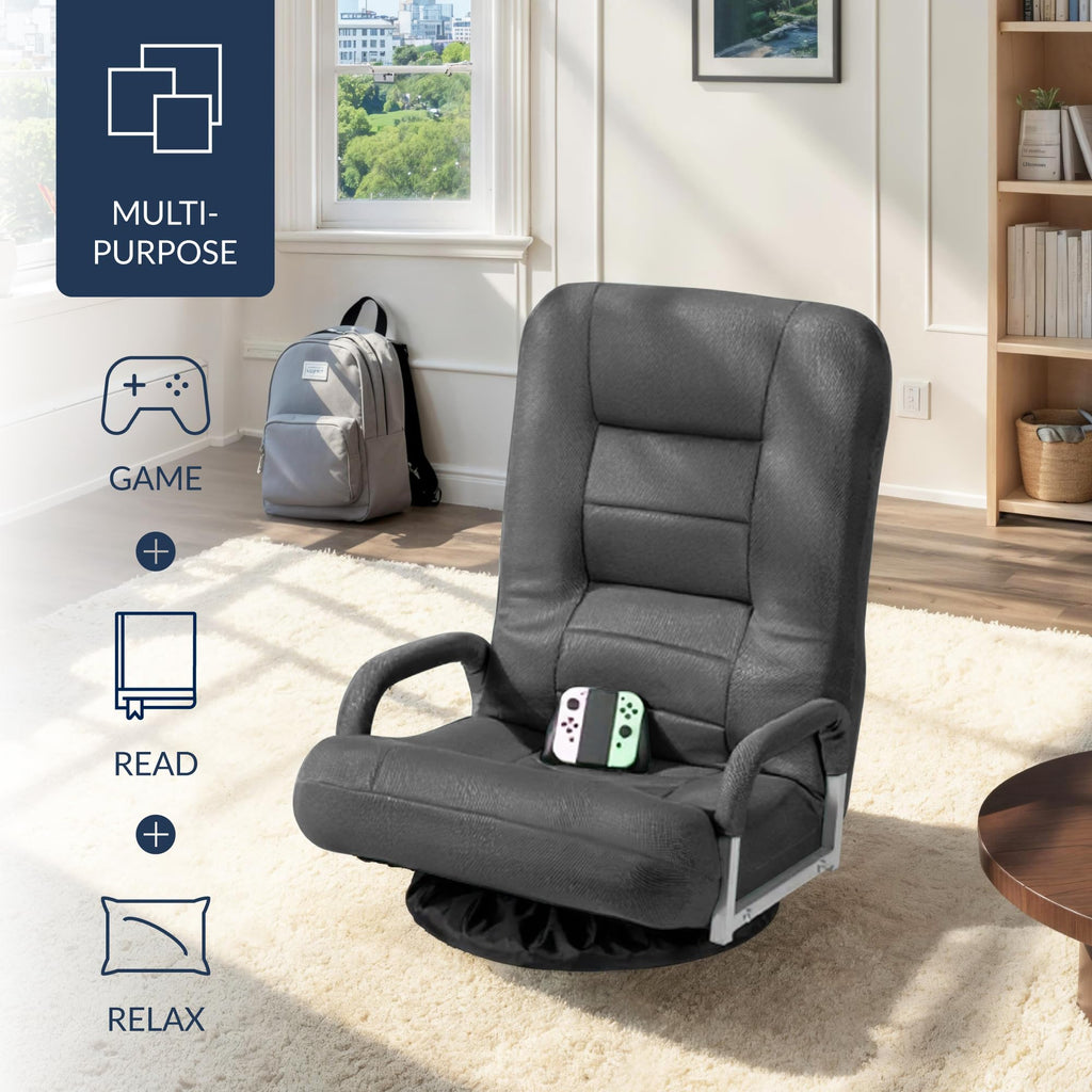 Best Choice Products Swivel Gaming Chair 360 Degree Multipurpose Floor Chair Rocker for TV, Reading, Playing Video Games w/Lumbar Support, Armrest Handles, Adjustable Foldable Backrest - Black/Black