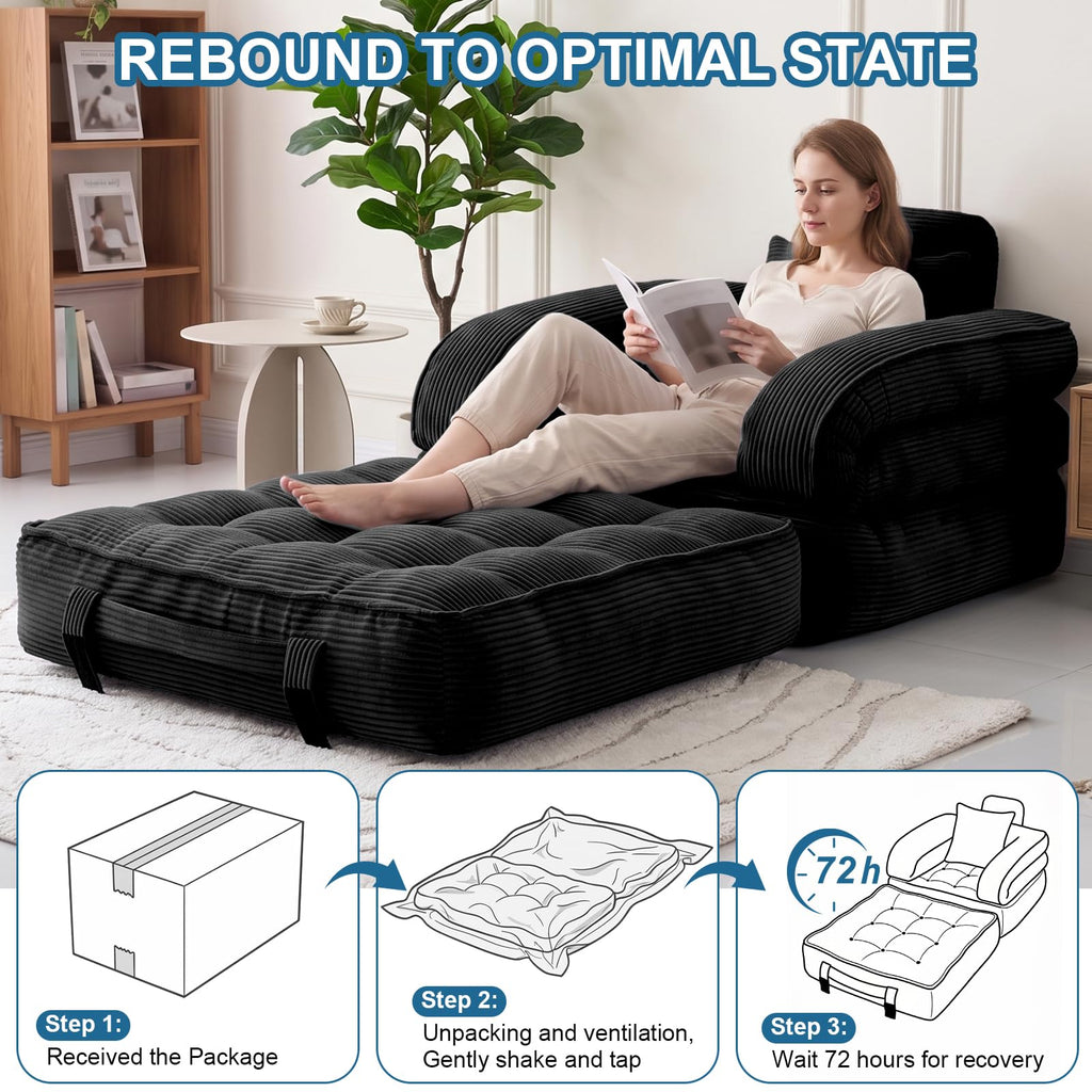 Folding Sofa Bed, Convertible Sleeper Chair with Armrests, Corduroy Foldable Boneless Bed, 3-in-1 Portable Futon Couch Floor Sofa with Pillow for Bedroom, Living Room, Orange
