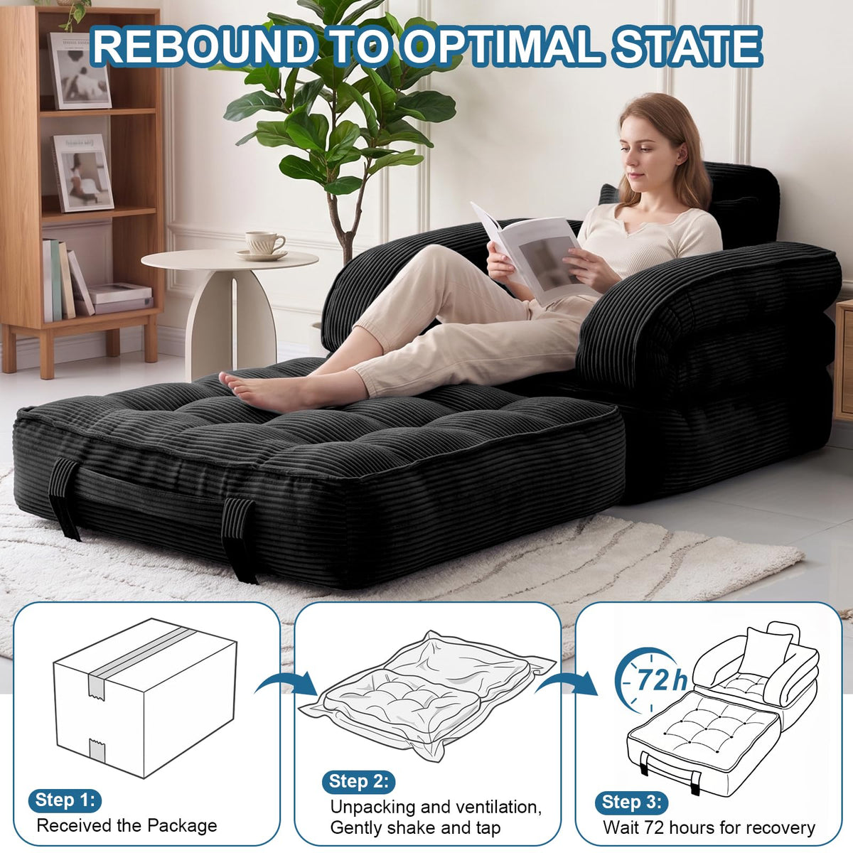 Folding Sofa Bed, Convertible Sleeper Chair with Armrests, Corduroy Foldable Boneless Bed, 3-in-1 Portable Futon Couch Floor Sofa with Pillow for Bedroom, Living Room, Orange