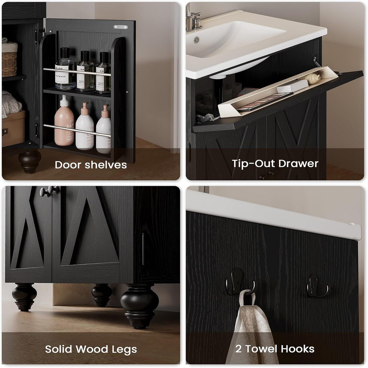 30 Inch Bathroom Vanity with Sink Easy-to-Install 30" Bathroom Vanity 2-Tier Large Storage Areas with Adjustable Shelves 4-Tier Storage Compartments Tip-out Drawer 2 Hooks Solid Wood Legs Black