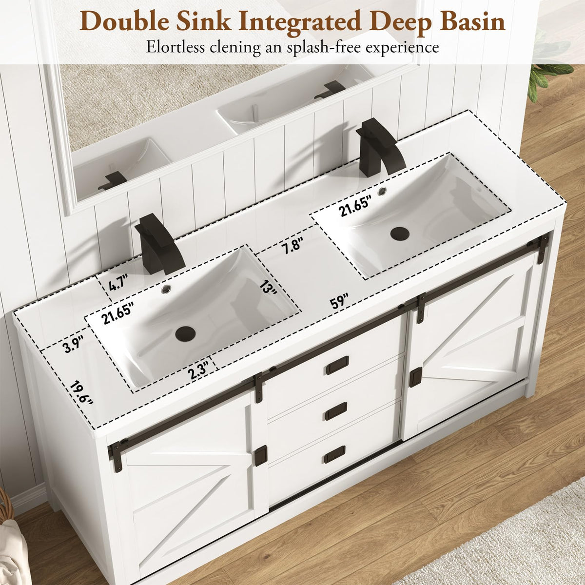 Double Bathroom Vanity with Sink & Faucet & Sewer Pipes,59" Farmhouse Bathroom Vanity Cabinet Set with 3 Storage Drawers & Sliding Barn Door,Double Sink Vanities With Metal Handle(Rustic Grey)