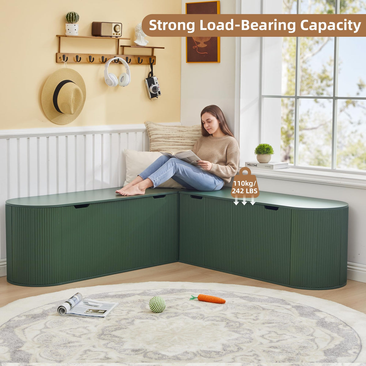 RARZOE 43.3" Fluted Storage Chest, Oval Storage Bench with 4 Wheels,(Green)
