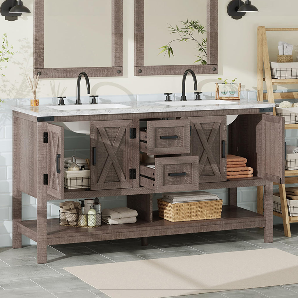 AMERLIFE 48" White Farmhouse Sink Bathroom Vanity, Solid White Top