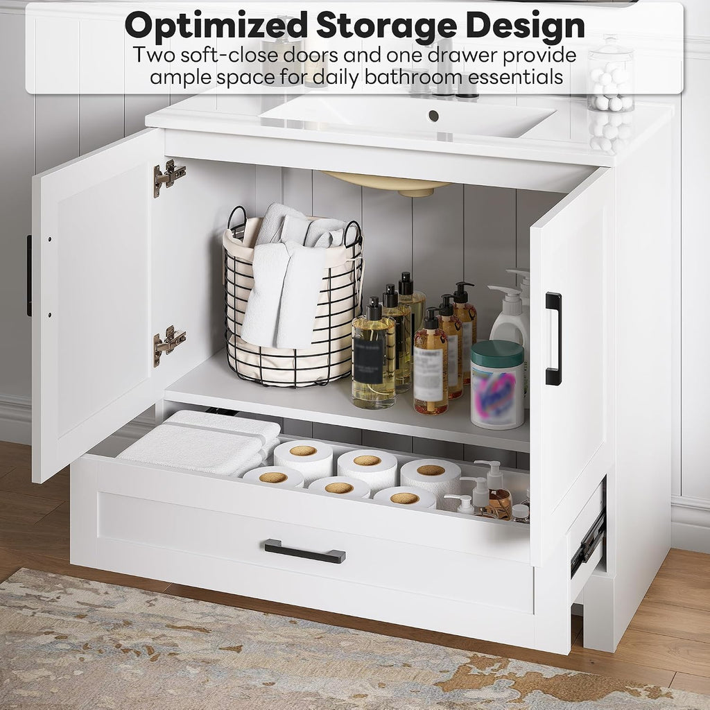 LIKIMIO 36" Bathroom Vanity with Sink, 1 Soft-Close Drawer & 2 Doors, White